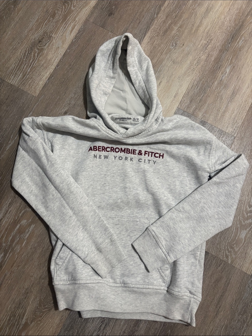 Abercrombie & Fitch Light Gray Hoodie with Burgundy Text